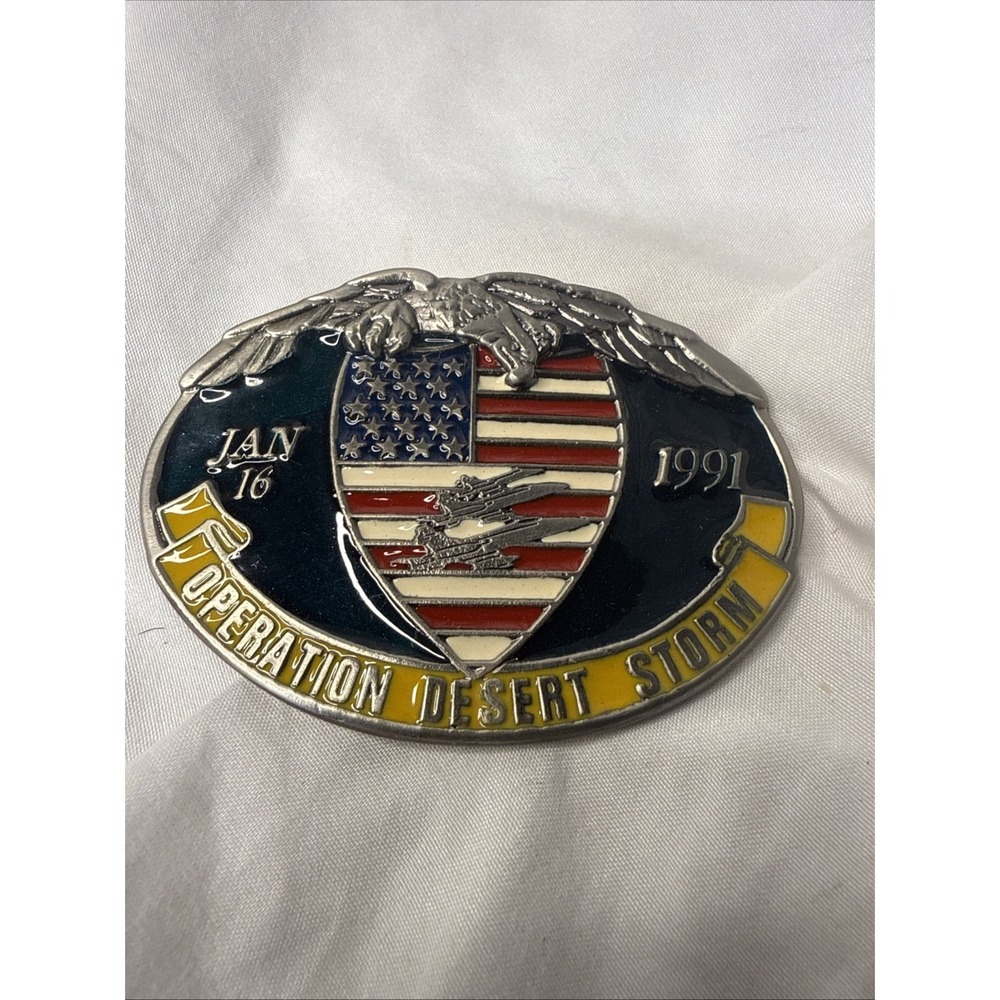1991 Operation Desert Storm Belt Buckle Jan 16 Eagle American Flag Enamel USA